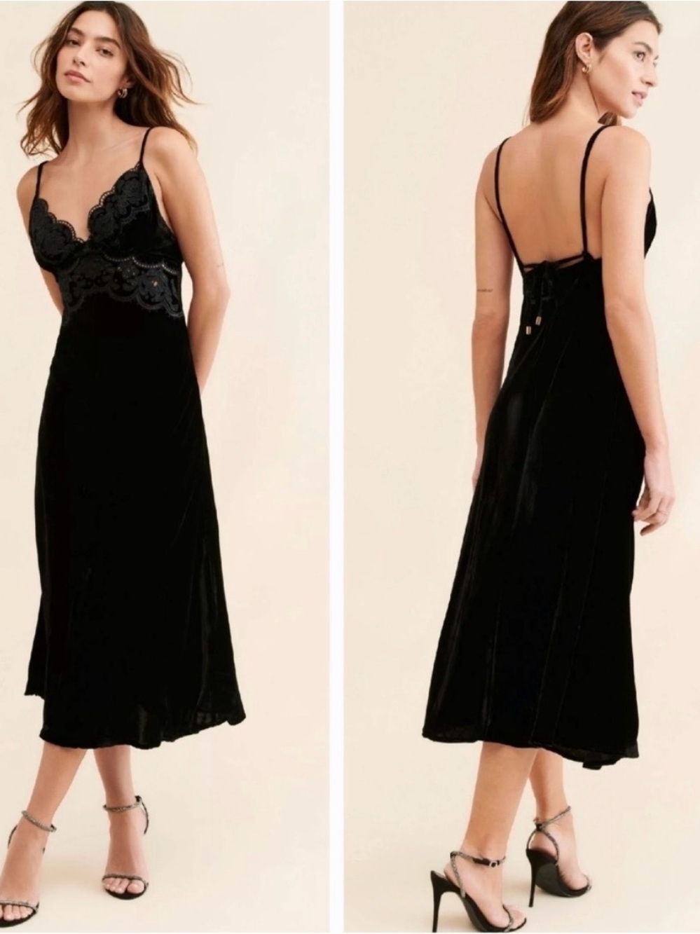 FARM Rio Richelieu Black Lace-Detail Velvet Midi Slip Dress Small - Picture 3 of 9